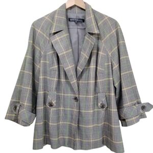 Vintage Kasper Women’s Plaid Blazer Jacket Coat Pockets Gray Green Yellow Sz 20w